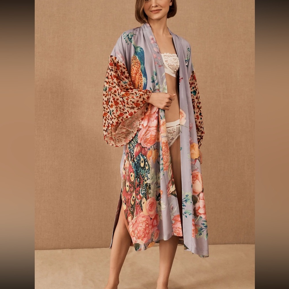 Kimono cardigan floral boho blouse swimsuit cover up belt tie peacock purple